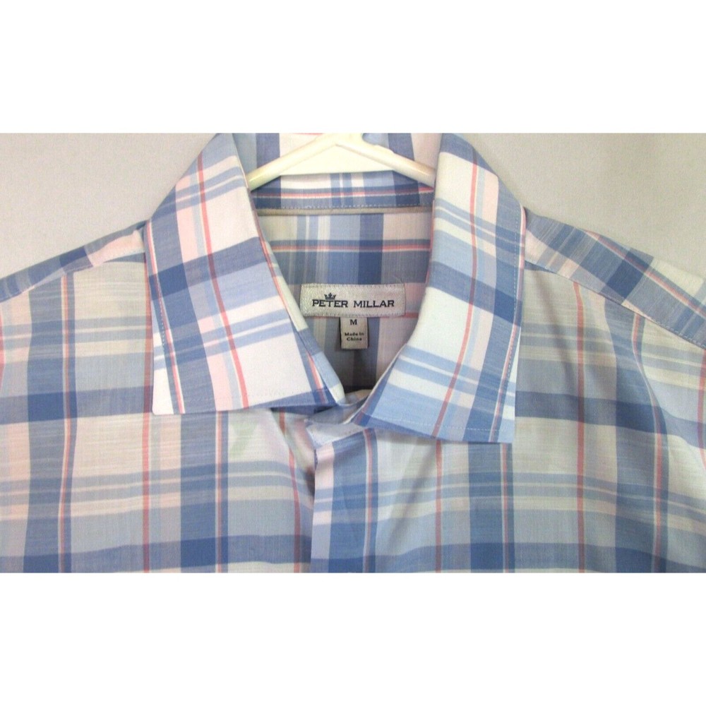 Peter Millar Men's Medium Blue Plaid Button Down Long Sleeve Cotton Spandex - Picture 2 of 12
